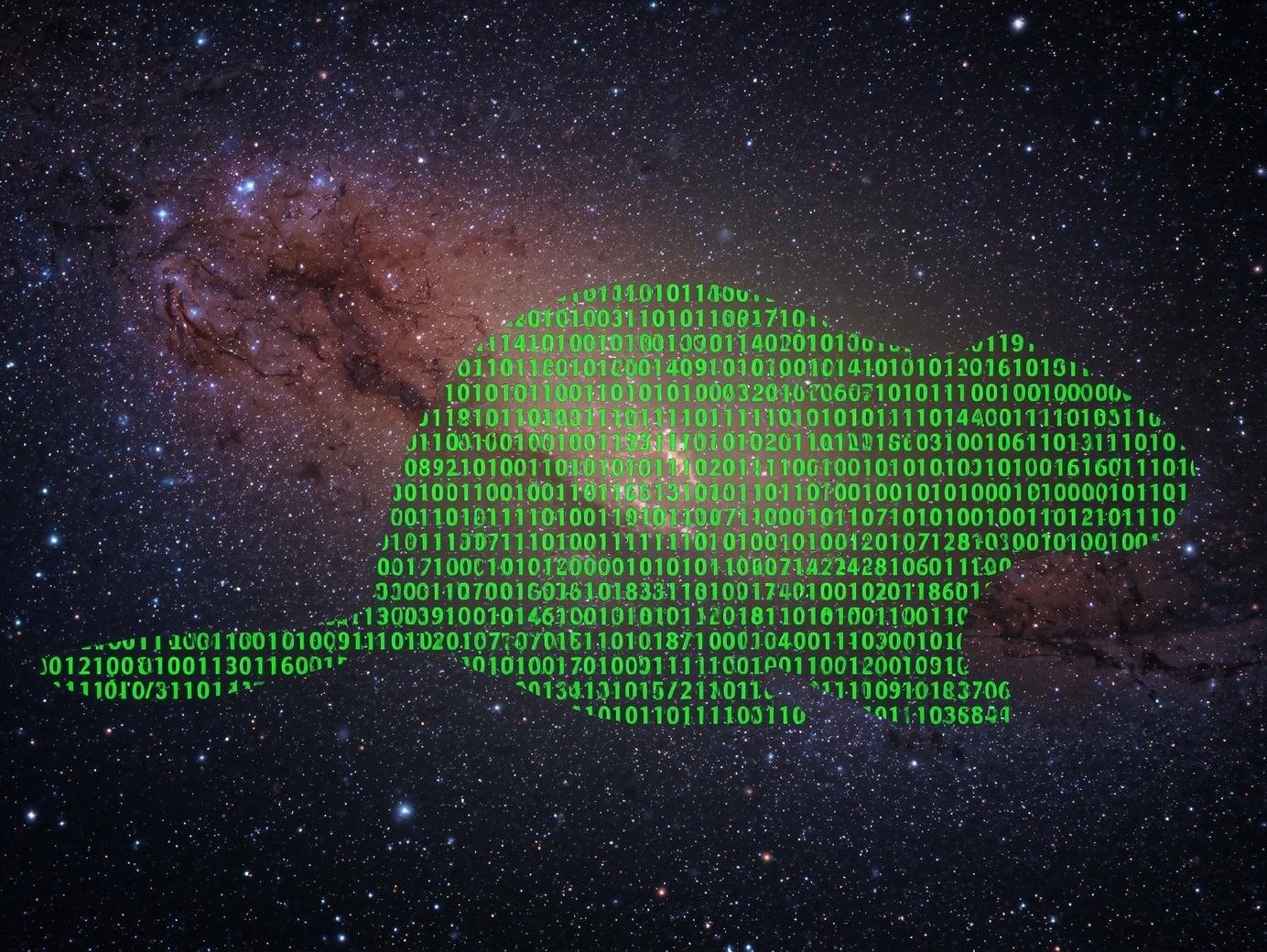 A-silhouette-of-a-beaver-made-up-solely-of-bright-green-ones-and-zeros-of-binary-code-against-the-backdrop-of-a-galaxy-emerging-from-photos-taken-by-the-Hubble-Telescope.