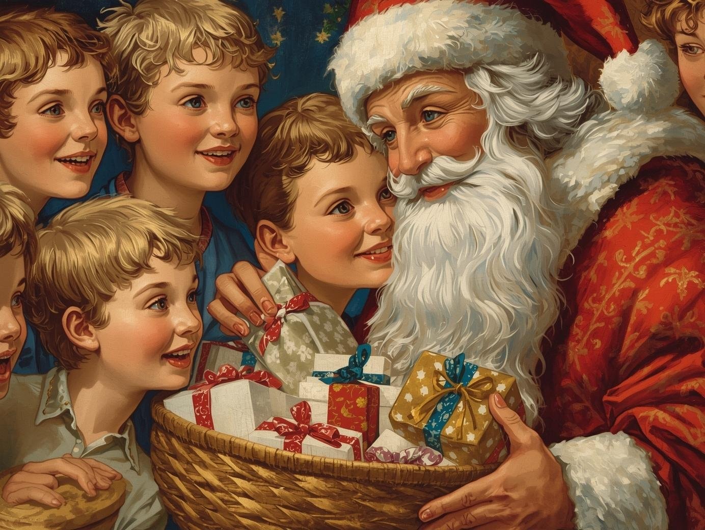 Ceske-deti-spolecne-obklopily-svateho-Mikulase-ktery-jim-nese-v-kosiku-darky.Detailni-zaber-styl-malba-2