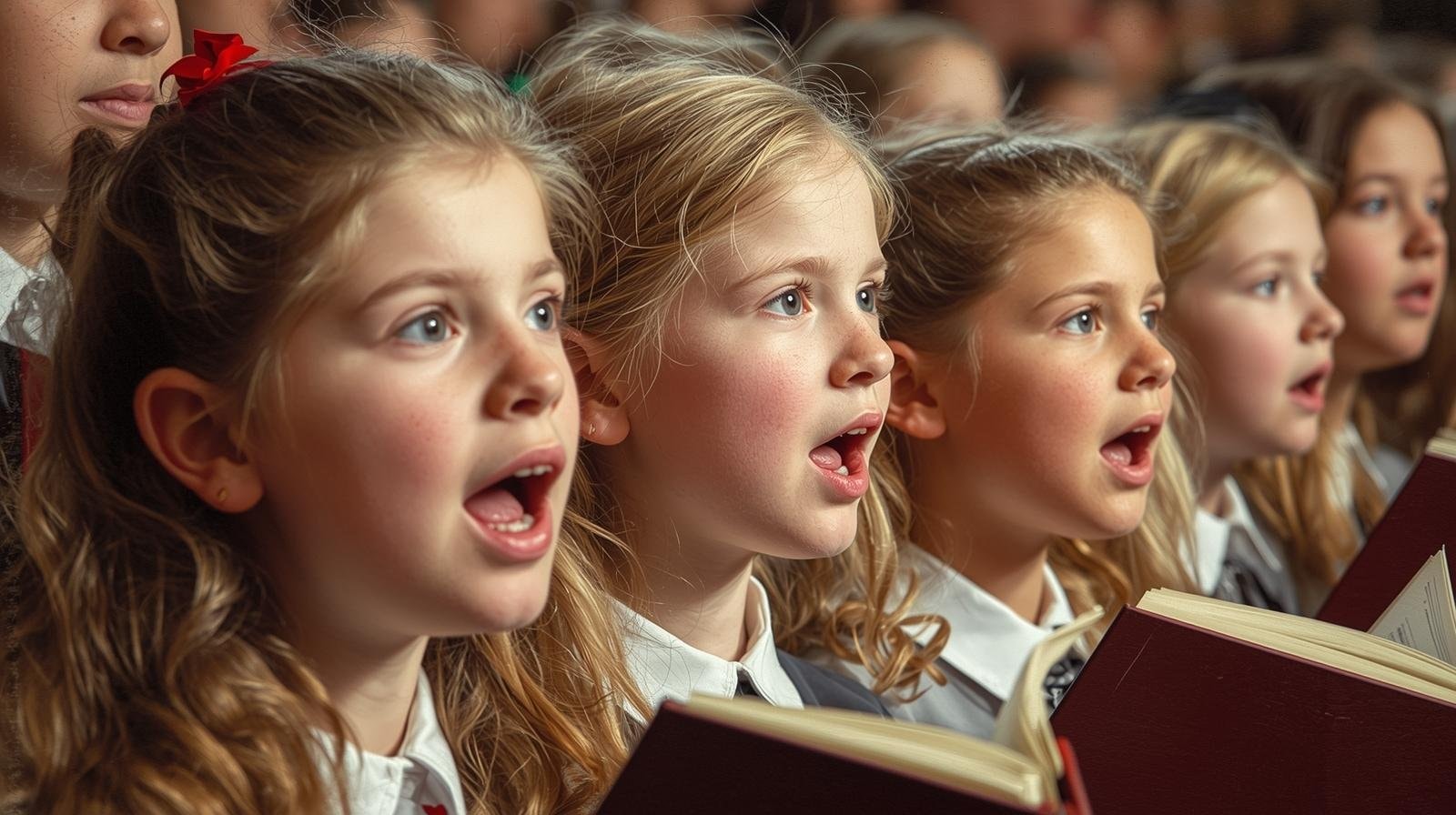 Vanocni-koncert-cesti-zaci-zakladni-skoly-zpivaji-koledy.detailni-zaber-na-tvare-zpivajicich-deti-styl-malba-1
