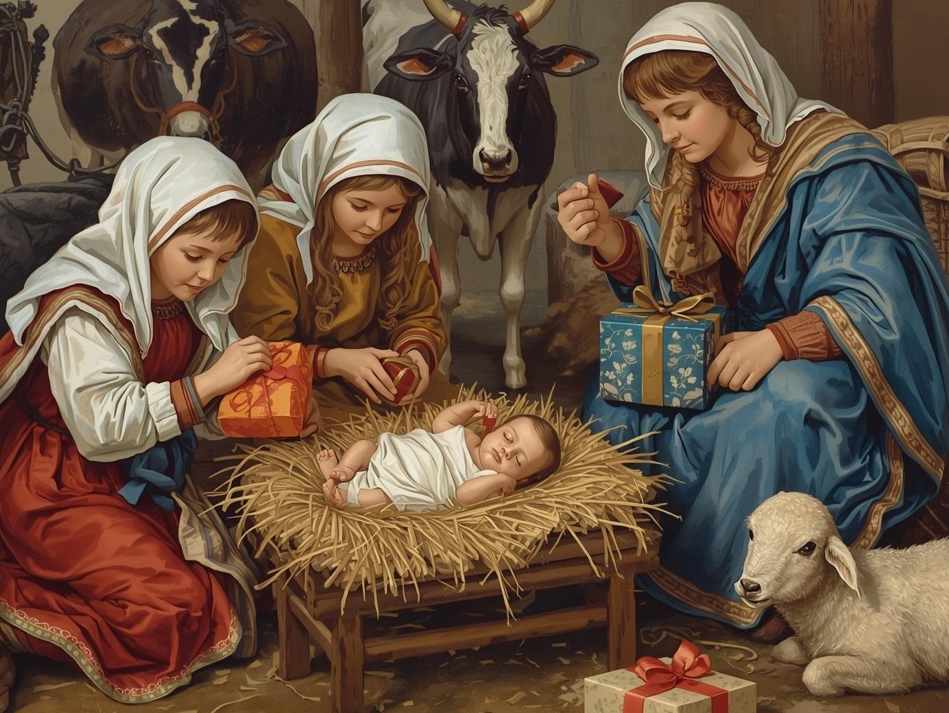 ceske-deti-v-satu-pastyru-pokladaji-darky-do-ke-korytku-ve-kterem-na-slame-odpociva-Jezisek.Vpravo-sedi-Josef-vlevo-Marie-v-Pozadi-je-kravka-oslik-a-ovecka.Detailni-zaber-styl-malba