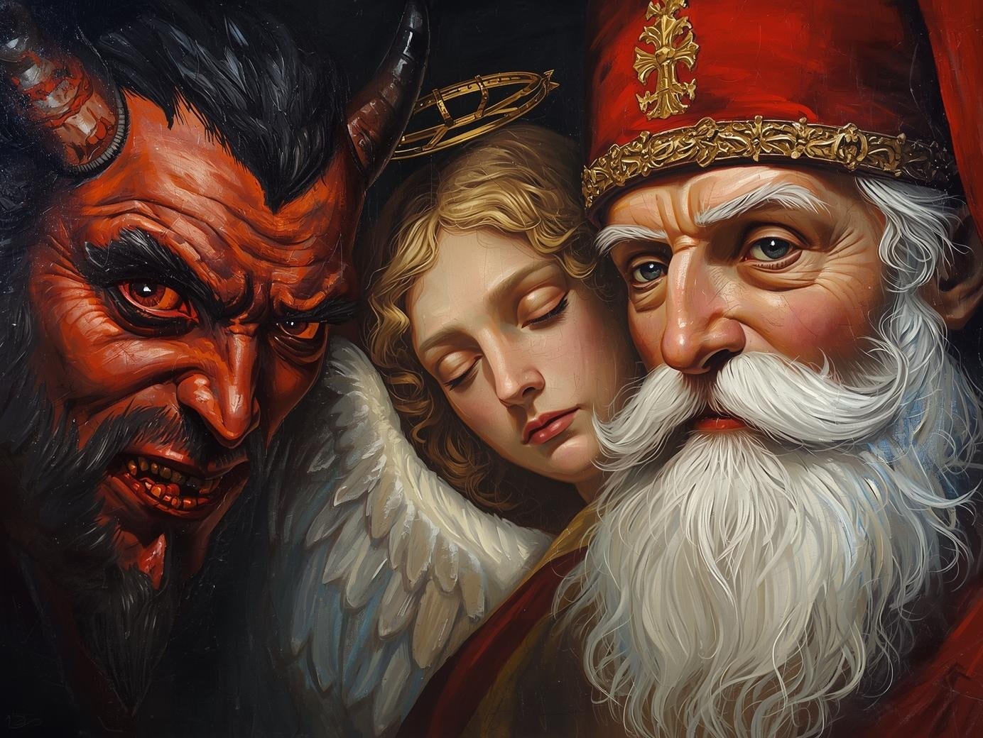 devil-angel-and-Saint-Nicholas-close-up-shot-of-faces-style-painting