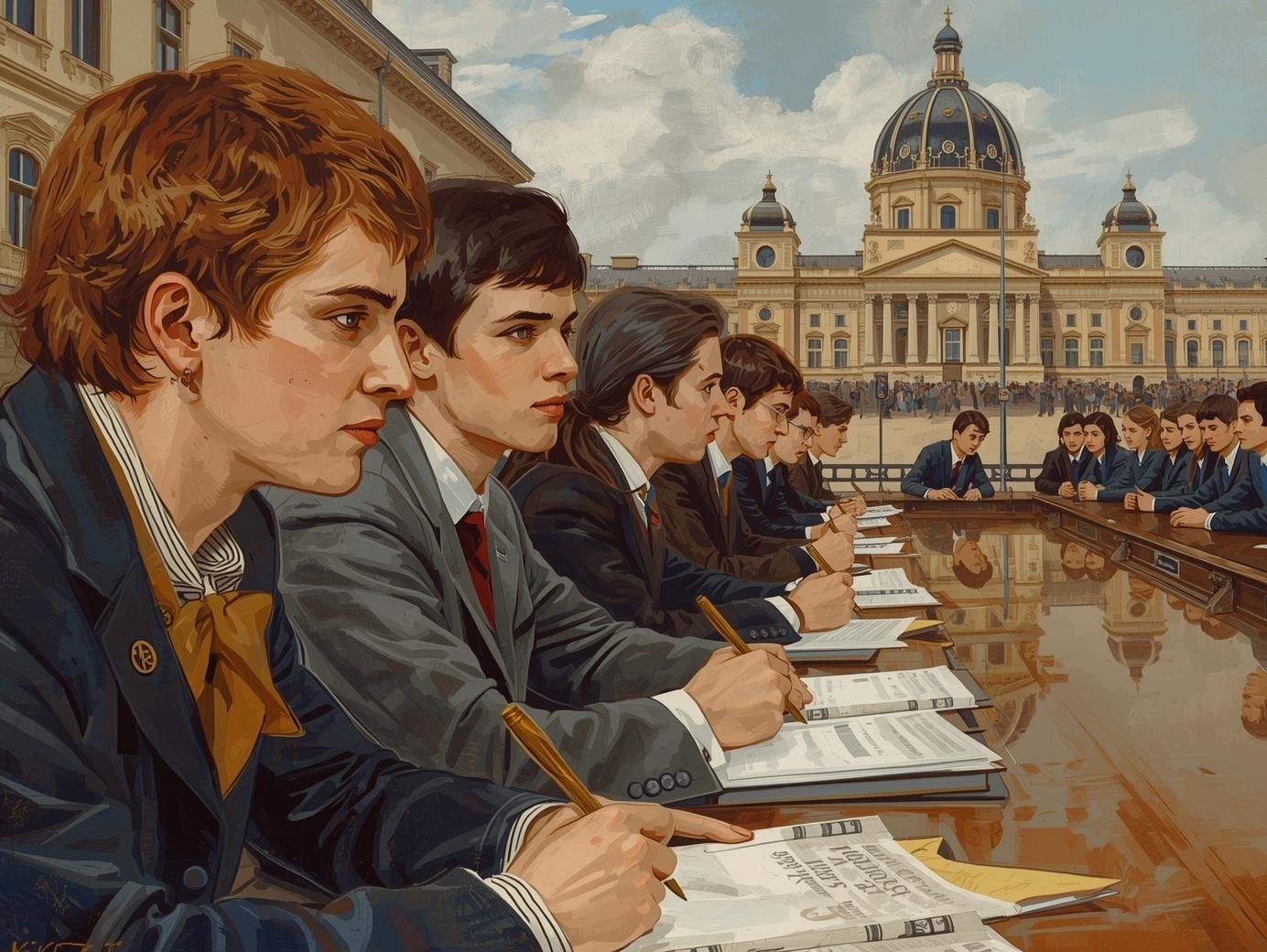 zakovsky-parlament-rada-ceskych-zaku-za-dlouhym-stolem-za-sebou-historickou-budovu-parlamentu-detailni-zaber-styl-malba