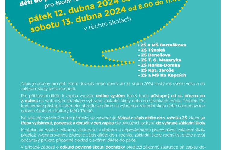 Zápis do prvního ročníku pro školní rok 2024/2025